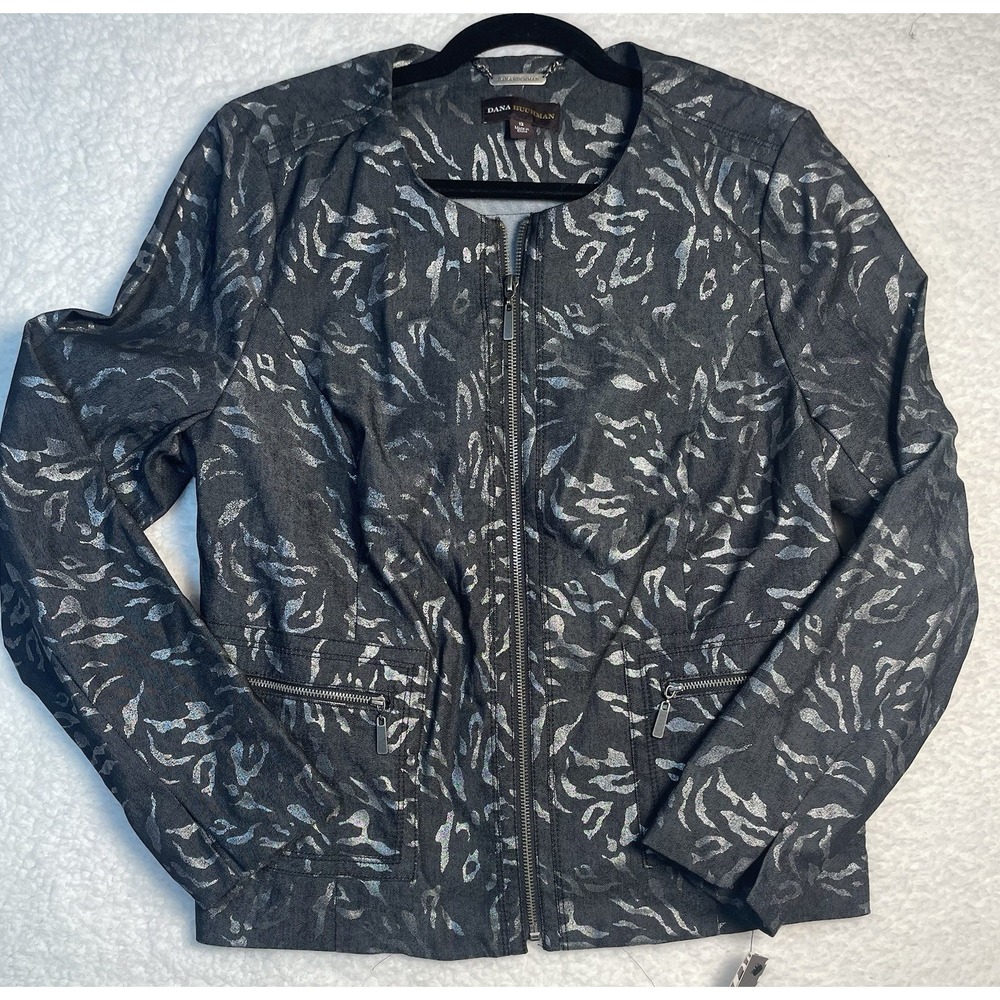 Dana Buchman Womens Size 12 Full Zip Jacket Cotton Blend Denim Black Lightweight